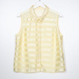 🎁 Satiny pale yellow sheer striped button down sleeveless blouse, size large